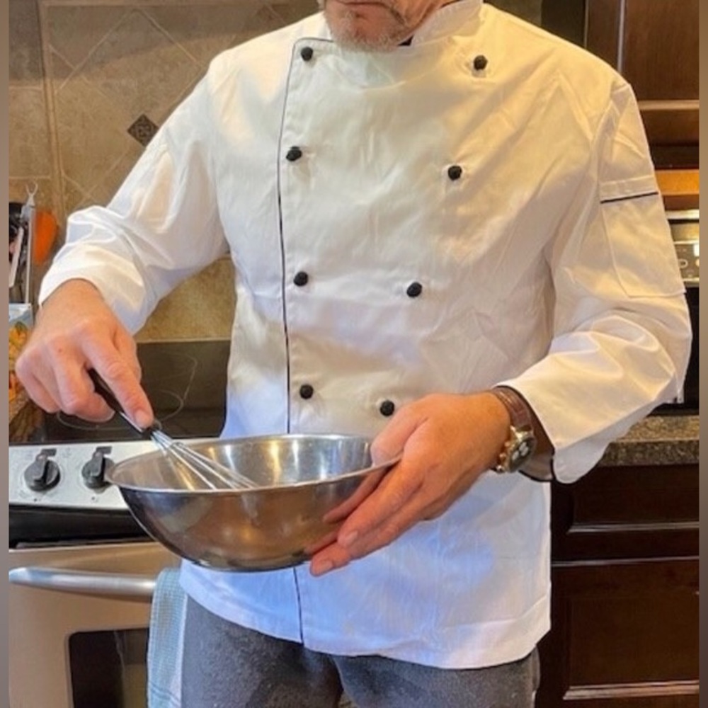 Executive Chef Coat White with Black Piping and Black Knot Buttons 65/35